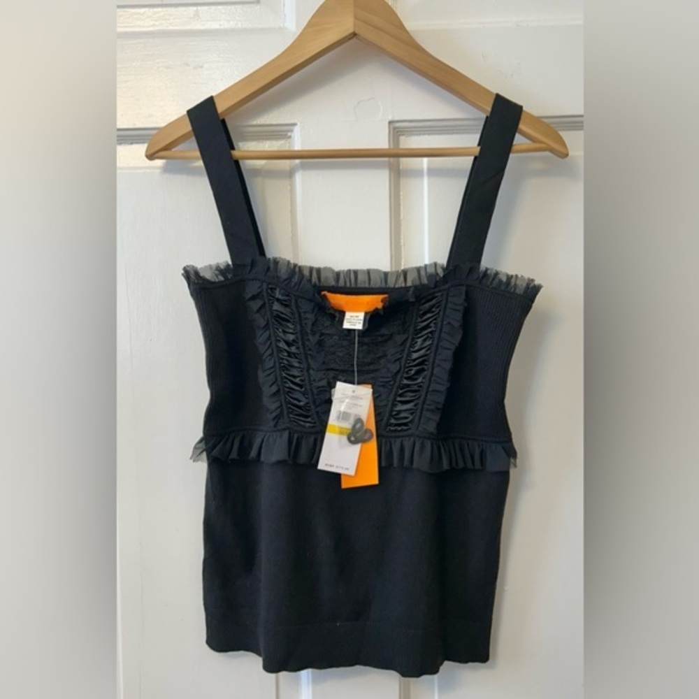 NWT Ruffle Black Top by Cynthia Steffe | Womens Size Medium | Fitted, Stretchy